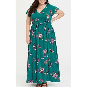 Floral V-Neck Green Teal Faux Wrap Maxi Dress with Cap Sleeves